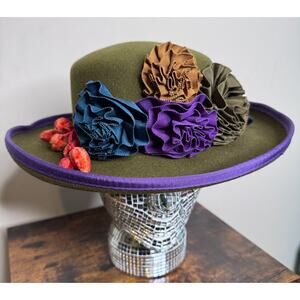 Vintage Olive Green Retro Wool Felt Wide Brim Hat With Silk Roses.